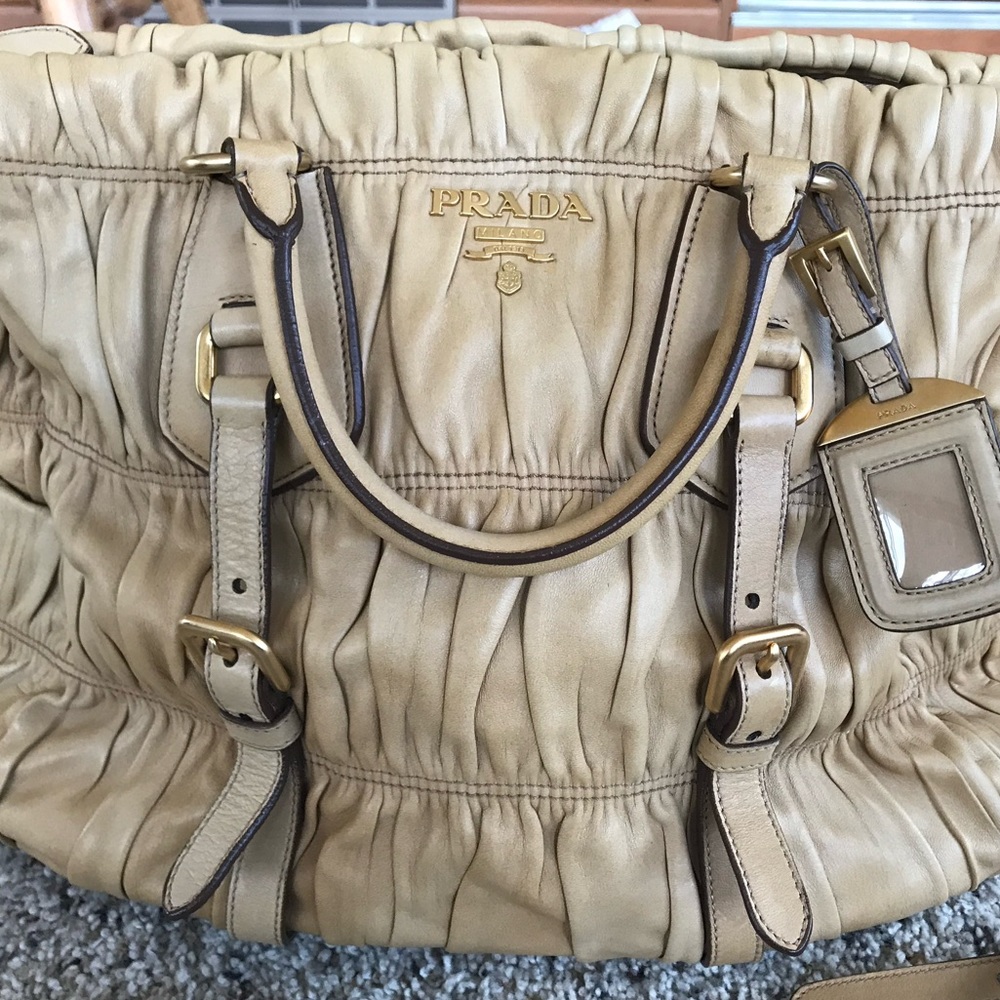 Prada Nappa Gaufre’an Ruched Leather Tote in Camel
